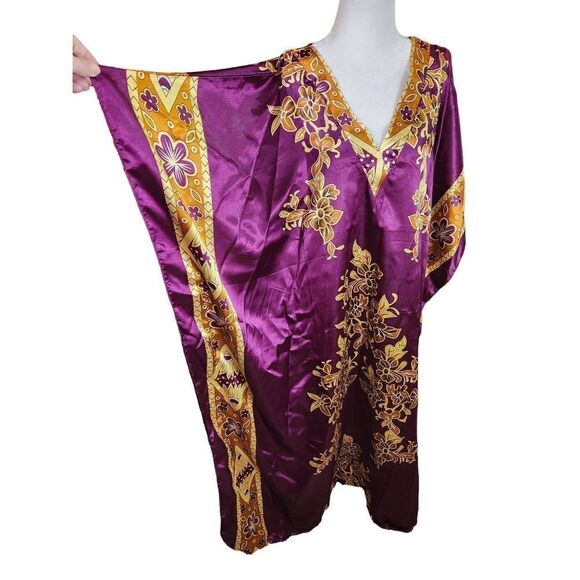 Purple & Gold Satin Kaftan Bohemian Boho Festival Hippy Maxi Pattern Print 70s - Picture 3 of 5